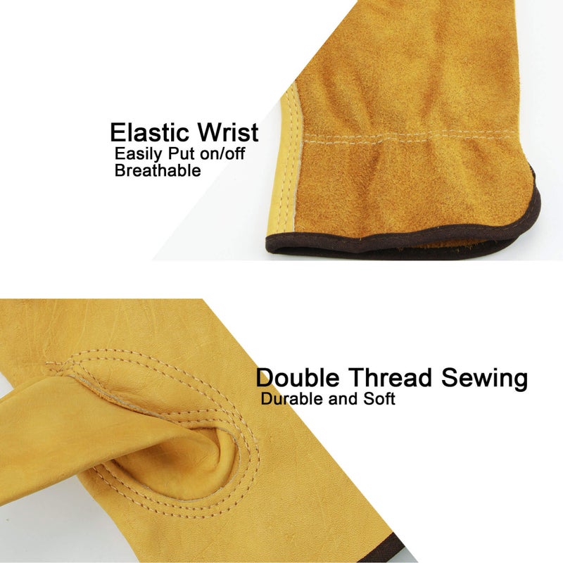 OZERO Leather Work Gloves Flex Grip Tough Cowhide Gardening Glove for Wood Cutting/Construction/Truck Driving/Garden/Yard Working for Men and Women 1 Pair (Gold Medium) - Image 3